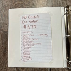 Part of my grandmother’s world coin collection in notebook binder- 140 coins
